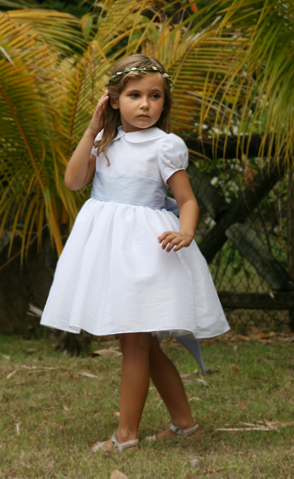 Ambre peter pan collar shirt and puff sleeve knee-length flower girl dress- white and lavender - Little Eglantine